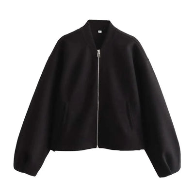 Women's Soft Bomber Jacket High Collar Long Sleeve Zipper Front Pocket