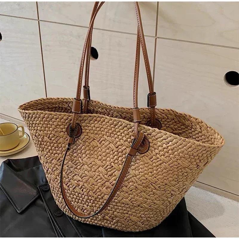 Designer bohemian chic shoulder bag,solid color large capacity straw woven tote bag,nature-inspired beach vacation