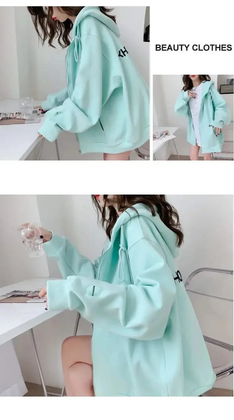 Casual Zip up Hooded Sweatshirt Candy Colour for Women Tops