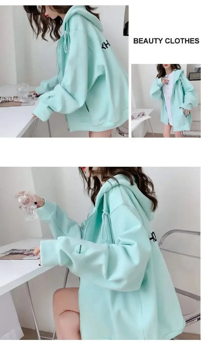 Casual Zip up Hooded Sweatshirt Candy Colour for Women Tops