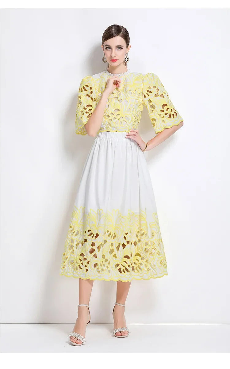 Summer Short Sleeve A-LINE Set Skirt for Women Fashion Ruffled Collar Embroidery Set Skirt Women Vestidos De Verano Mujer Q344