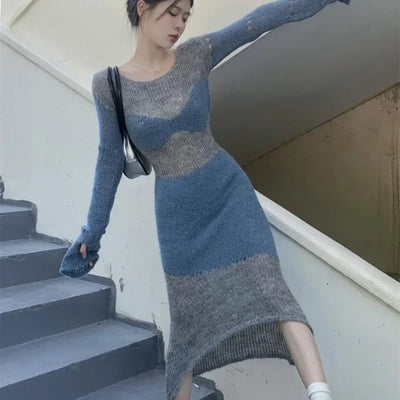 Female Knit Dress Bodycon New In Autumn and Winter Women's Crochet Dresses Vintage One Pieces G Curvy Loose Thic Elastic Kpop X