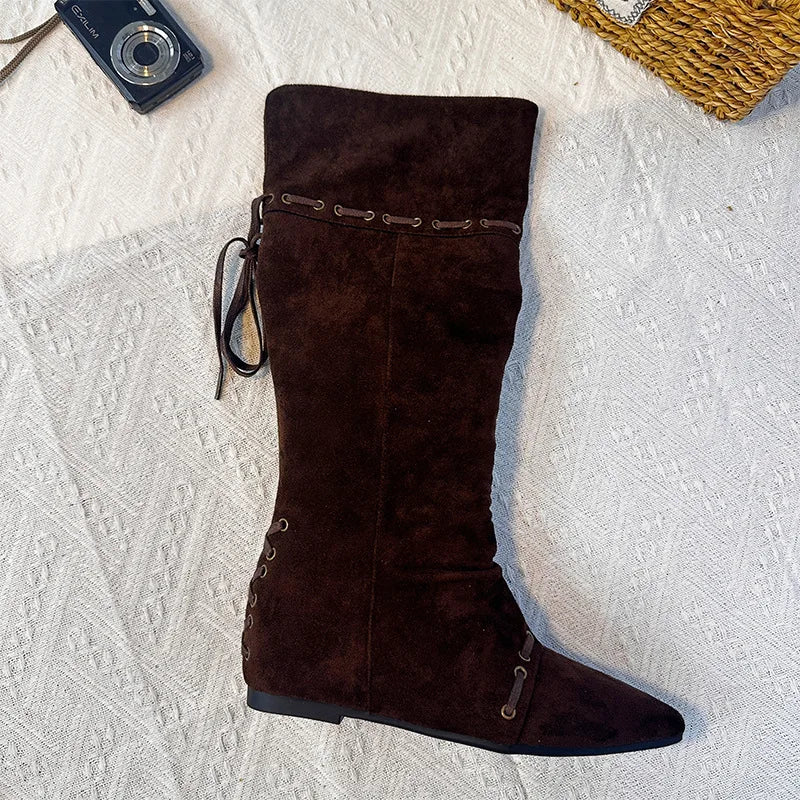Women's Knee High Boots Suede Material Lace Up Back Pointed Toe Flat Heel Multiple Colors Autumn Winter Casual Daily Boots