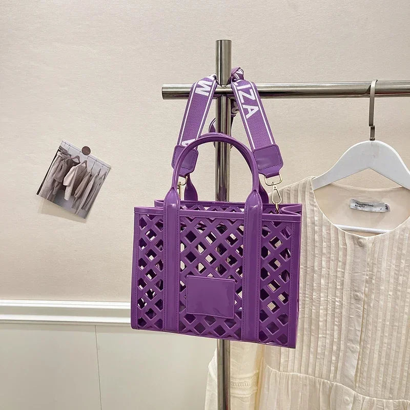 Designer Tote Bag For Women Brand Hollow Out Shoulder Bag 2025 New Travel Beach Handbag Purple Bag Fashion Shopper Purse