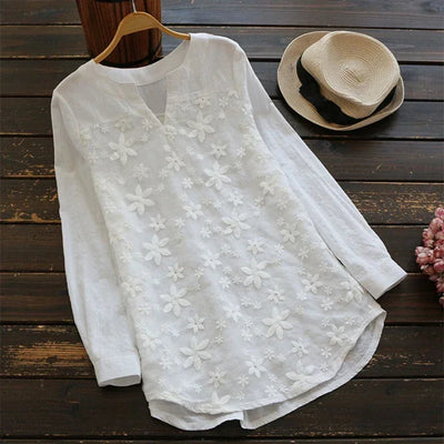 Embroidery Lace Linen Women's Plus Size V Neck Tops