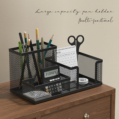 Black Mesh Desk Organizer - 3 Compartments with Pencil Holder & Storage Baskets, Tame Desktop Clutter Fast for Office Supplies