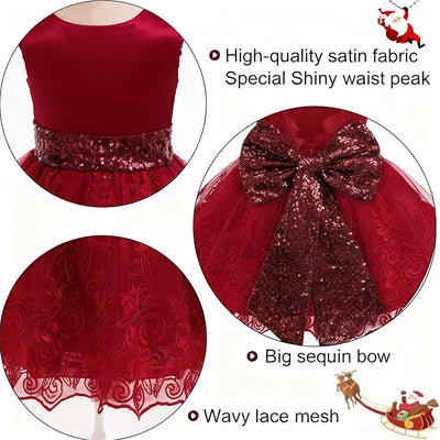 Christmas Costume Girls Party Dresses With Headband Baby Girl Clothes Xmas Sequin Big Bow Lace Princess Dress For 1st Birthday