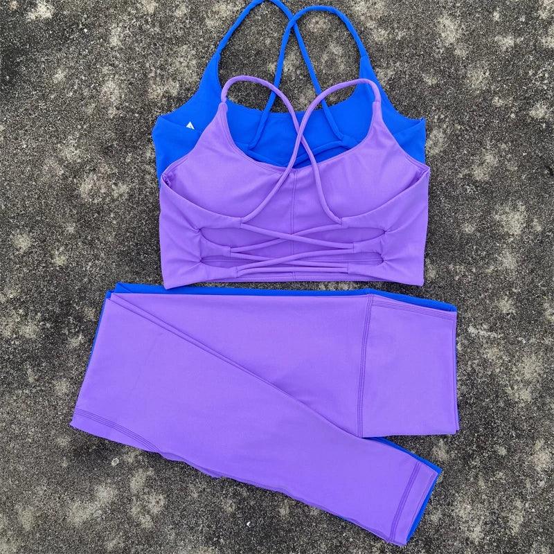 2pcs Gym Leggings Set Yoga Sports Set Women Workout Outfit Fitness Suit Cross Straps Bra High Waist Leggings Running Tracksuit