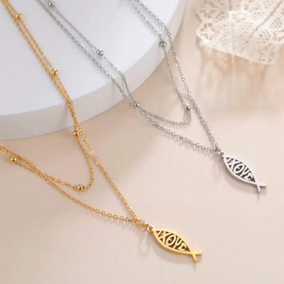 Jeshayuan Christian Jesus Fish Pendant Necklaces For Women Double Layer Stainless Greek ΙΧΘΥΣ Christian Religious Gift
