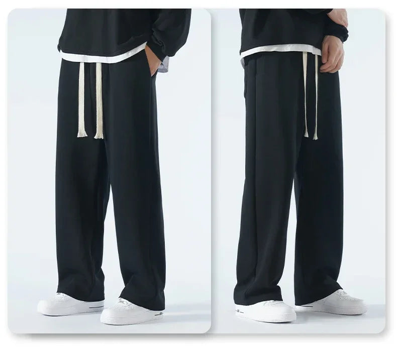 New Men's Casual Pants Wide Leg Straight 65% Cotton Fabric Outdoor Sweatpants Neutral High-quality Soft Long Baggy Trousers