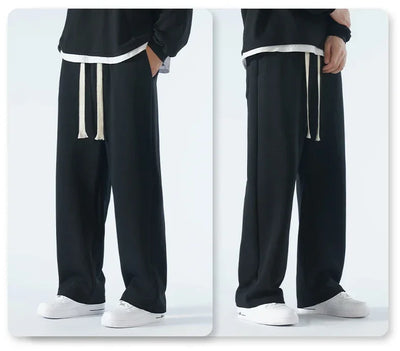 New Men's Casual Pants Wide Leg Straight 65% Cotton Fabric Outdoor Sweatpants Neutral High-quality Soft Long Baggy Trousers