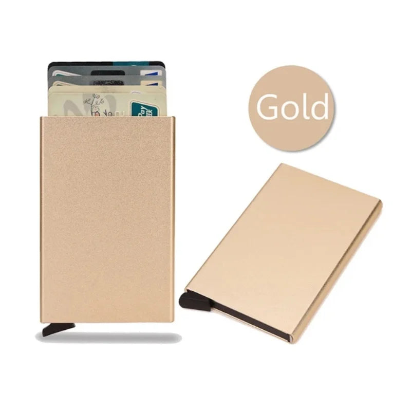 Gold slim metal card holder wallet with pop-up mechanism for secure cards
