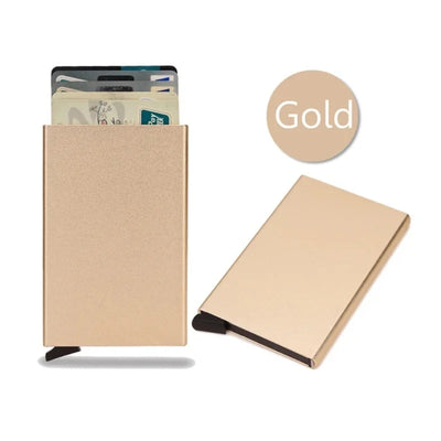 Gold slim metal card holder wallet with pop-up mechanism for secure cards