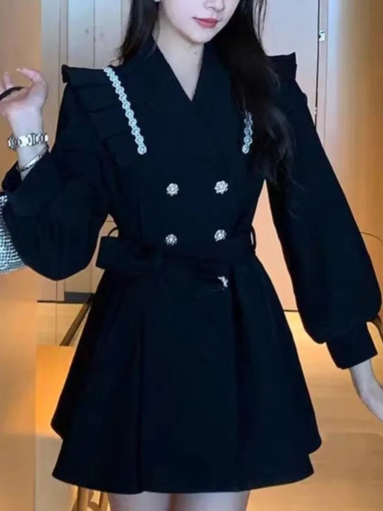 Autumn Elegant Blazer Dress for Women Female Double Breasted Solid A-line Evening Dresses Long Sleeve Female Casual Clothes 2024