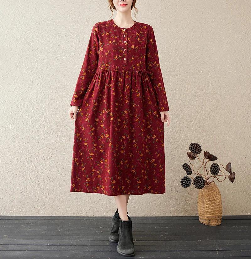 Long Sleeve Cotton Linen Vintage Floral Print Dresses For Women 2025 New Spring Autumn Casual Dress Robe Femme Elegant Clothing