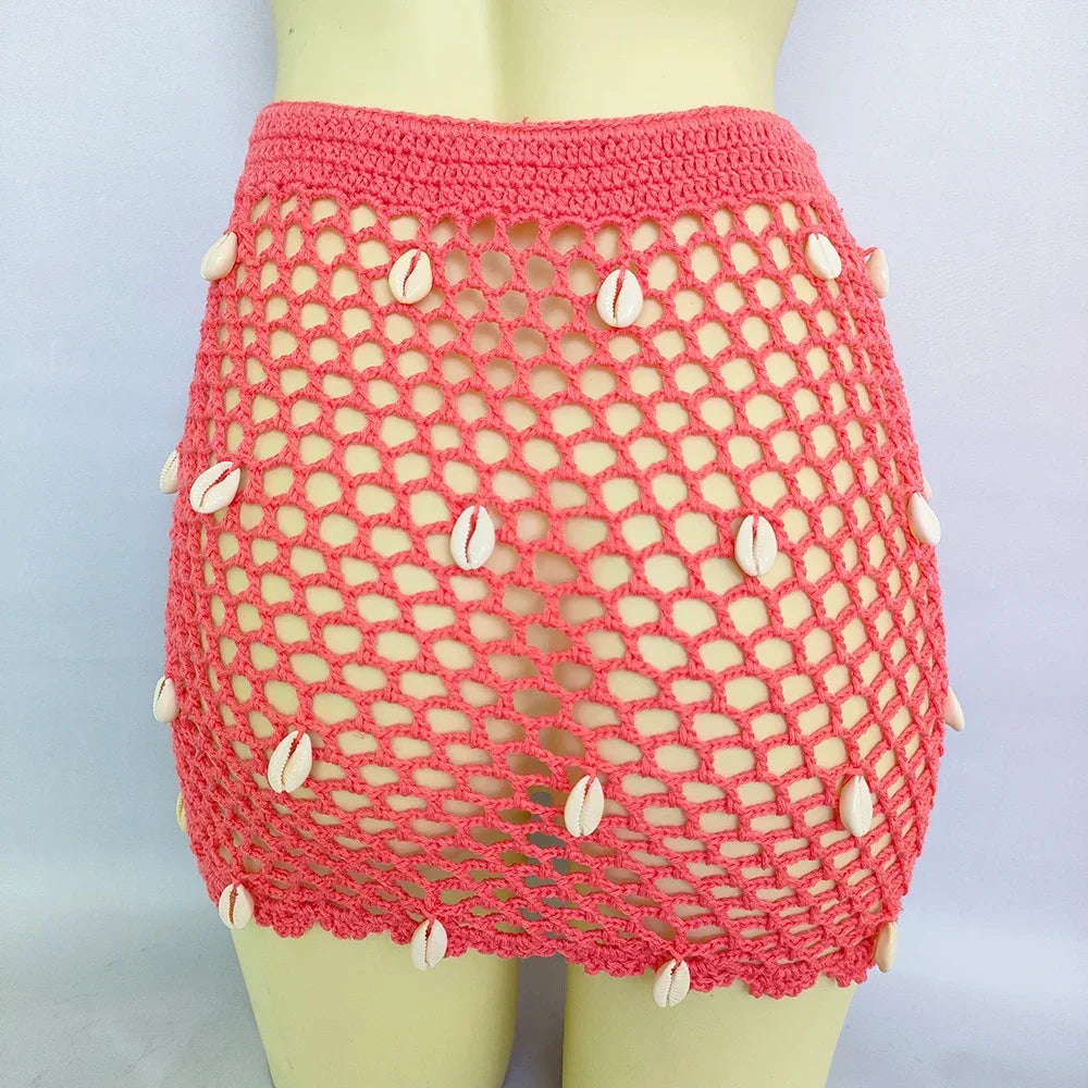 Women Beach Wear Swimsuit Cover-Ups Boho Summer See-Through Hollow Out Bandage High Waist Short Beach Skirt Crochet Knit Skirts