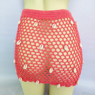 Women Beach Wear Swimsuit Cover-Ups Boho Summer See-Through Hollow Out Bandage High Waist Short Beach Skirt Crochet Knit Skirts