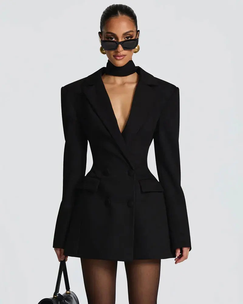 Sexy Mini Blazer Dress Wiht Scarf  Women Elegant  Long Sleeve Double-breasted High Waist Club Party Blazers Dress