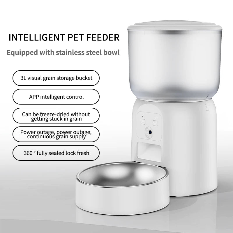 3L large capacity pet feeder, equipped with high-definition camera and stainless steel food bowl, with application