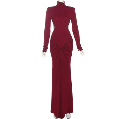 Womens Elegant Turtleneck Ruched Backless Party Dress 2025 Lady Long Sleeve Tunics Folds Long Maxi Formal Gown Evening Dresses