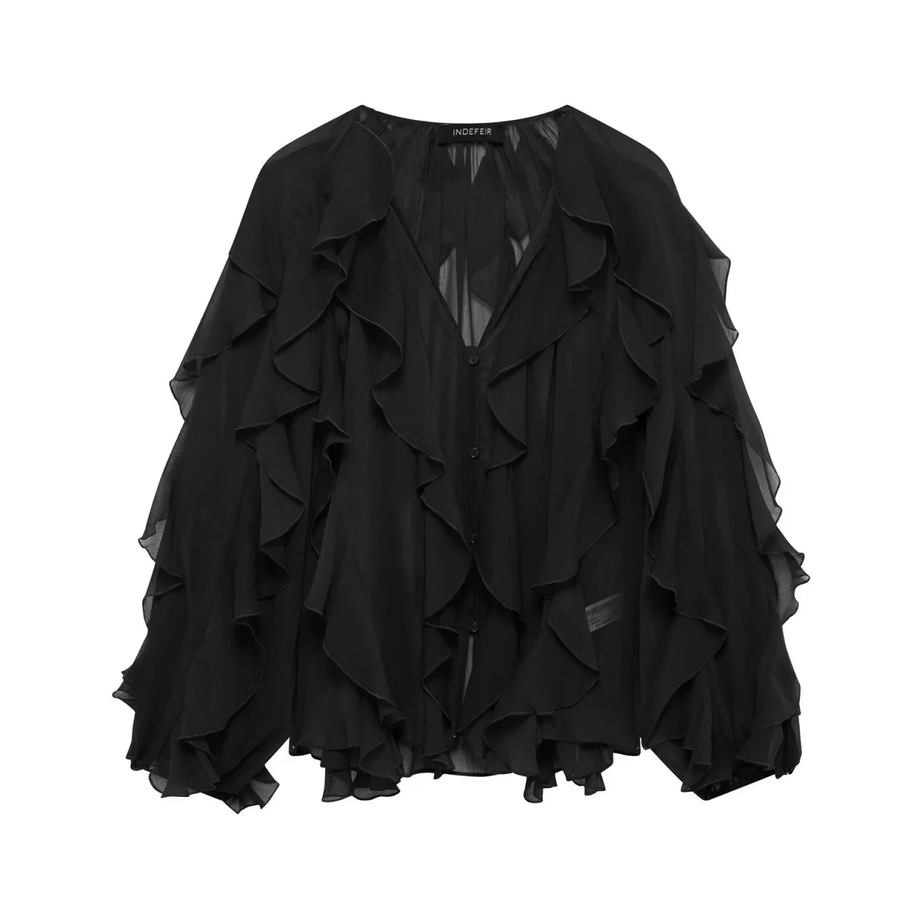 HH Casual Women Ruffles Shirts 2025 Female Loose Lace Up Hollow Out V Neck Semi-Transparent Blouses Spring Lady Clothes