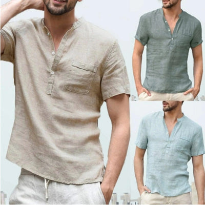 Linen Cotton Men's Shirt Henry Collar and Beach Pocket Casual Short Sleeved T-shirt Solid Color T-shirt Retro Streetwear