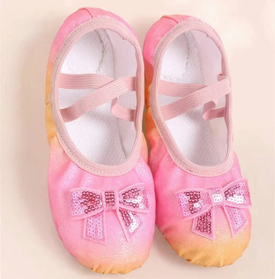 Children's Dance Shoes Girls Ballet Flats Shoes Rainbow Bow Sequins Leather Soft Soled Dance Performance Skate Sport Yoga Shoes