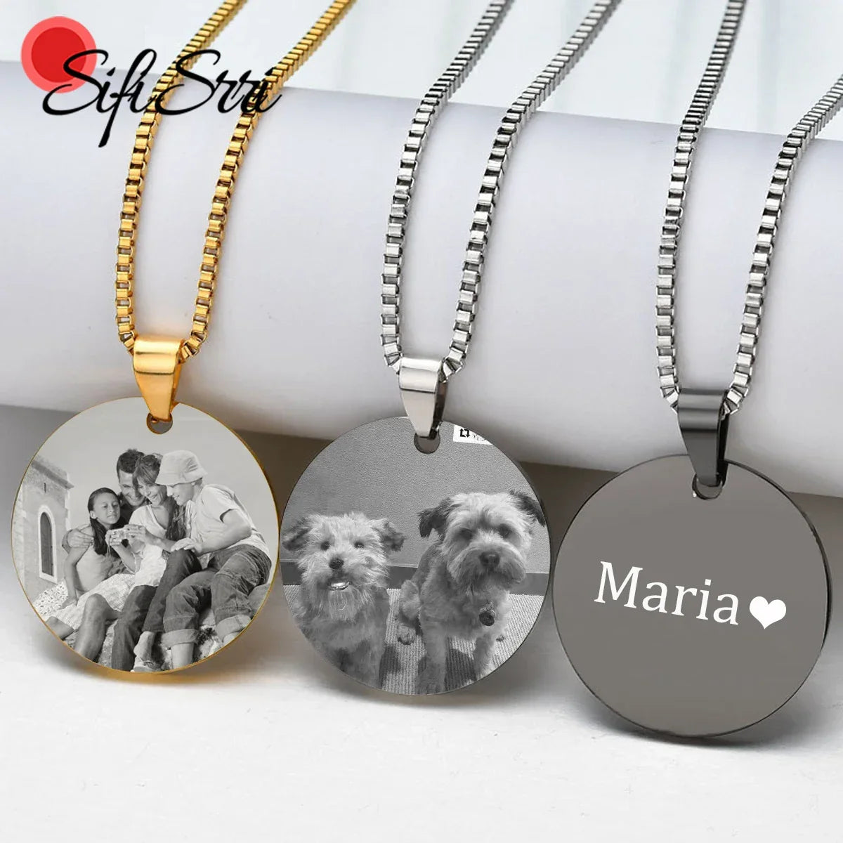 Sifisrri Engrave Picture Necklace Personalized Stainless Steel Jewelry For Women Men Customized Round Pendant Family Text Gift