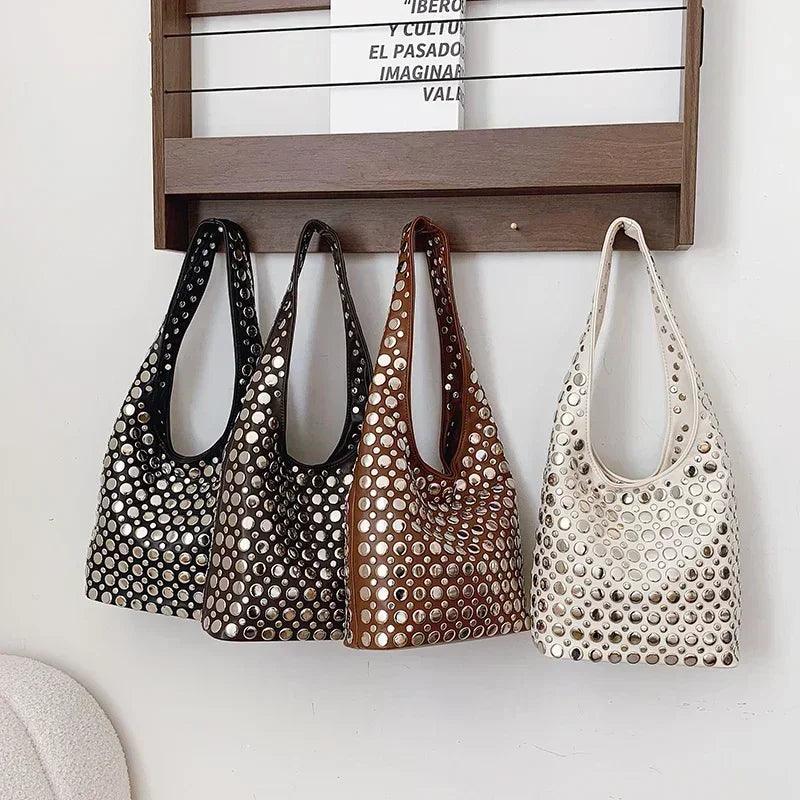 Designer geometric shoulder bag for women top brand handbag luxury shiny rivet handmade evening clutch fashion party