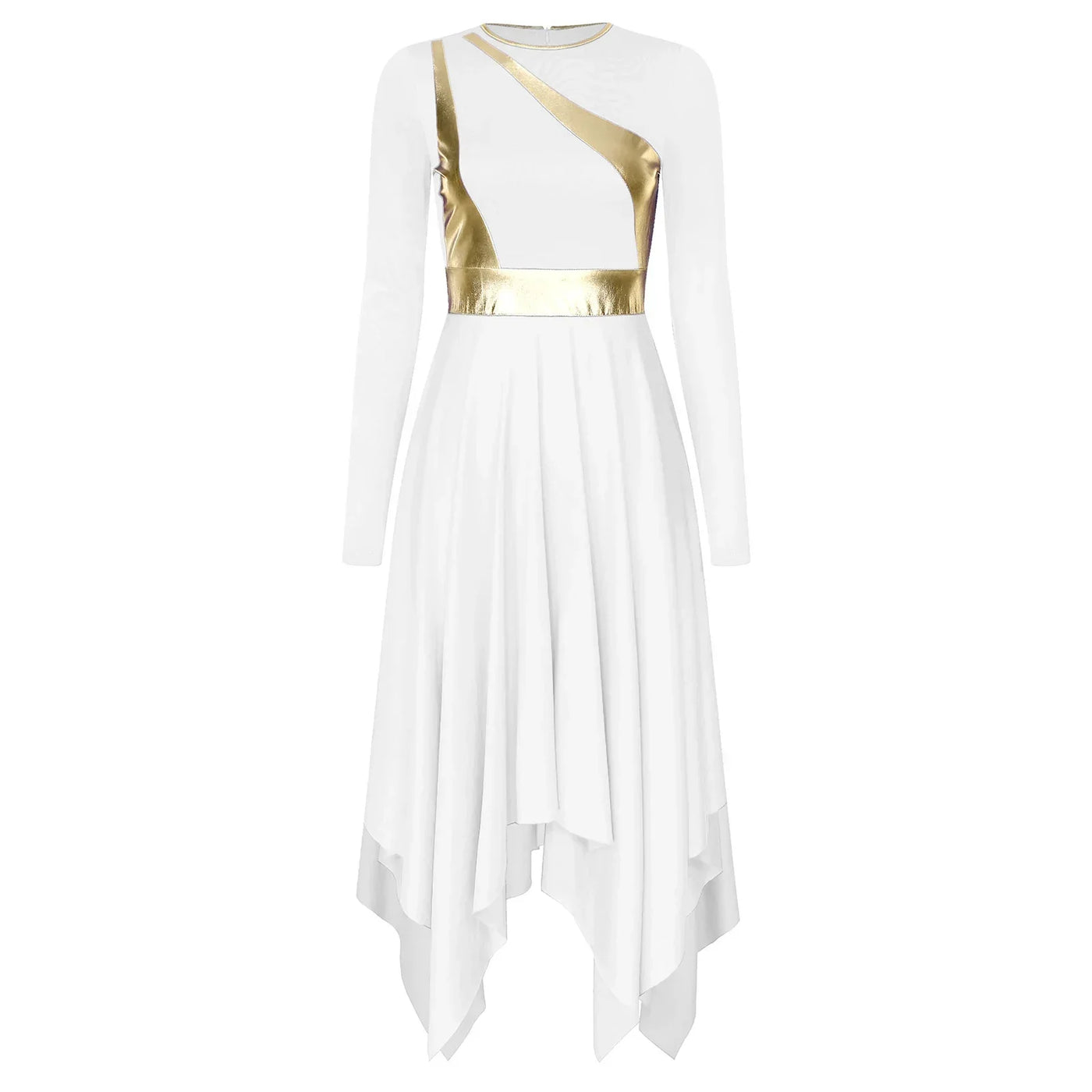 Women Church Choir Worship Liturgical Dress Modern Lyrical Dance Waltz Stage Performance Costume Long Sleeve Metallic Shiny Gown