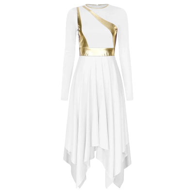 Women Church Choir Worship Liturgical Dress Modern Lyrical Dance Waltz Stage Performance Costume Long Sleeve Metallic Shiny Gown