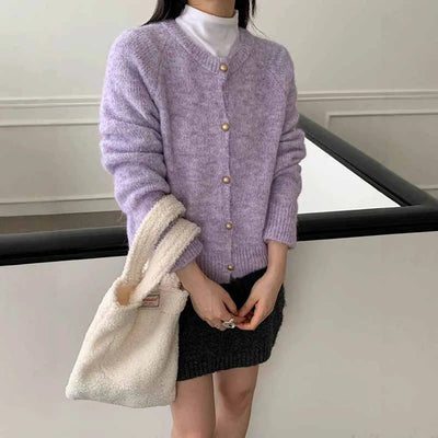 Autumn Winter Women's Knitted Jacket Solid Color Fuzzy Long Sleeve Button Sweater Cardigan Casual O-Neck Loose Soft Knitwear