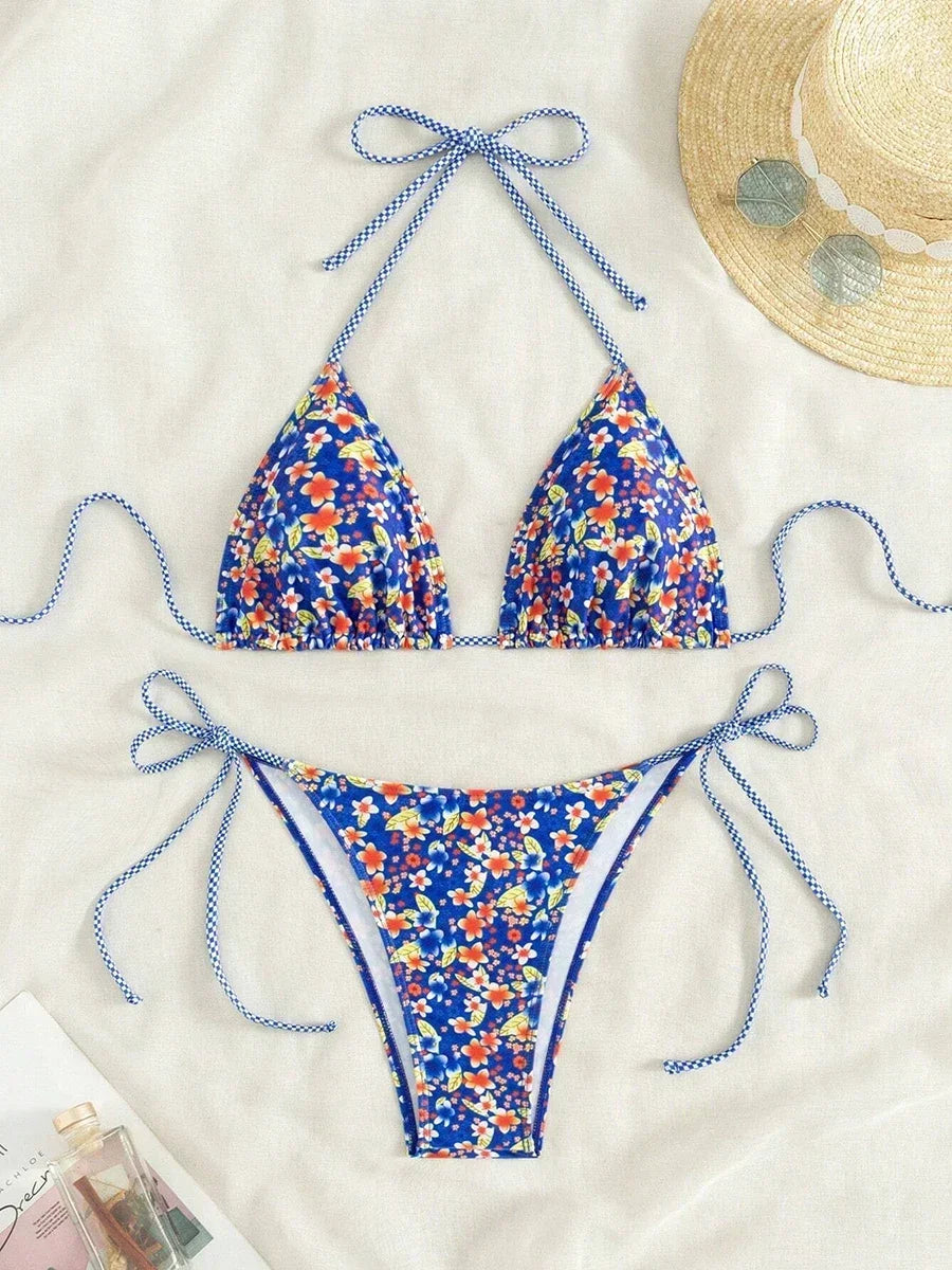 Swimsuit 2025 Female Micro Bikini Women Swimwear Summer Beachwear Women's Bathing Suit Floral Print Neck Halter Thong Bikini Set