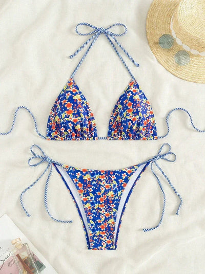 Swimsuit 2025 Female Micro Bikini Women Swimwear Summer Beachwear Women's Bathing Suit Floral Print Neck Halter Thong Bikini Set