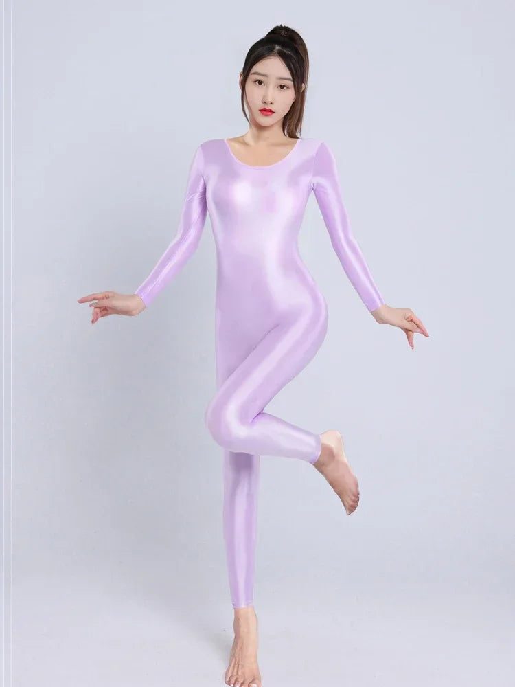 Women's Sexy Yoga Shaper Jumpsuit Dance SM Wear Oil Glossy High Elastic Long Sleeves Bodysuit Sheer Slip Satin Slimming Tights