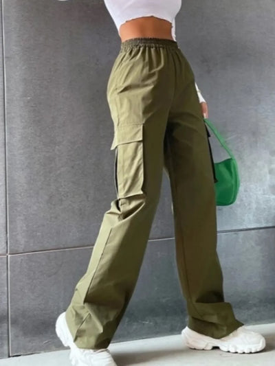 Women's Wide Leg Cargo Pants with Solid Flap Pockets and Loose Fit