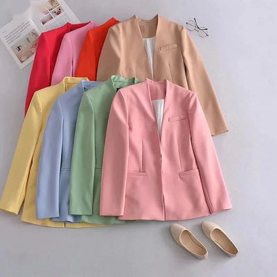 New Autumn Blazers Women Suit Coats Candy Color V Neck Long Sleeve Elegant Casual Jacktets