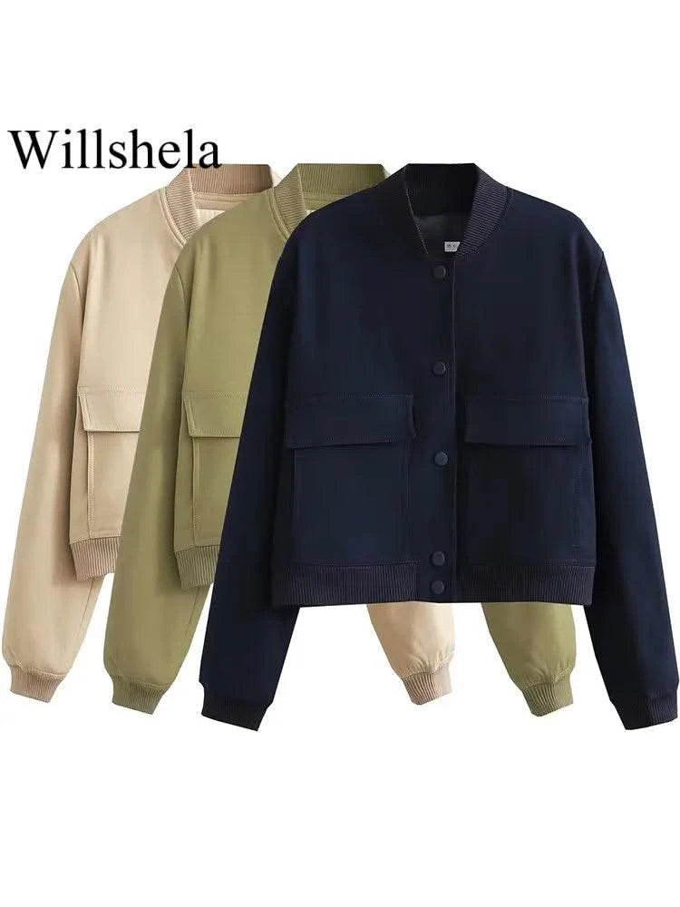 Women Fashion Solid Bomber Jackets Coat With Pockets V-Neck Single Breasted