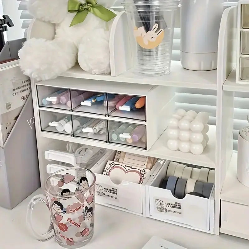 Desk Organizer with Drawer - Storage Box for Office/School Supplies & Makeup, Plastic Desktop Organizer