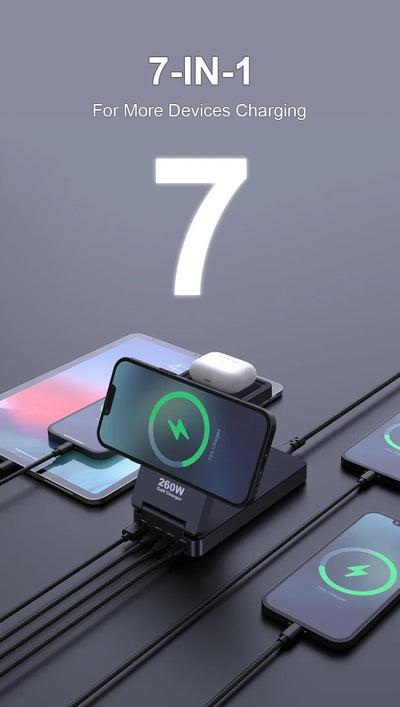 260W Magnetic Wireless Charging Station GaN USB TypeC Charger PPS PD Fast Charge For iPhone 16 15 IWatch AirPods Foldable Holder