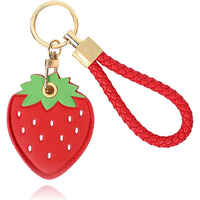 Strawberry AirTag leather keychain with hand straps and gold hardware