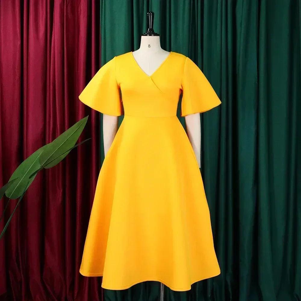 Elegant party dresses for women v neck ruffles sleeve high waisted pleated mid calf luxury birthday dinner vestidos