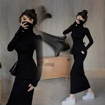 Long-sleeved High-necked Dress for Women Autumn Winter Bottoming Pure Lustful Sweet Girl Waist Tight Hip-hugging Long Skirt