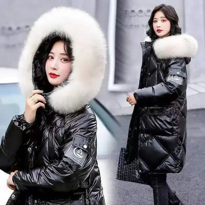 2025 Autumn Winter Hooded Fur Collar Long Parkas Mujer Thick Warm Down Cotton Padded Jacket Women Casual Hoodies Coat Female