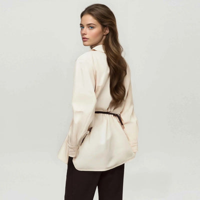 Women Shirts Elegant Soild Embroidery Casual Tops V Neck Long Sleeve Belt Decoration Loose Tops Fashion Office Ladies Shirts