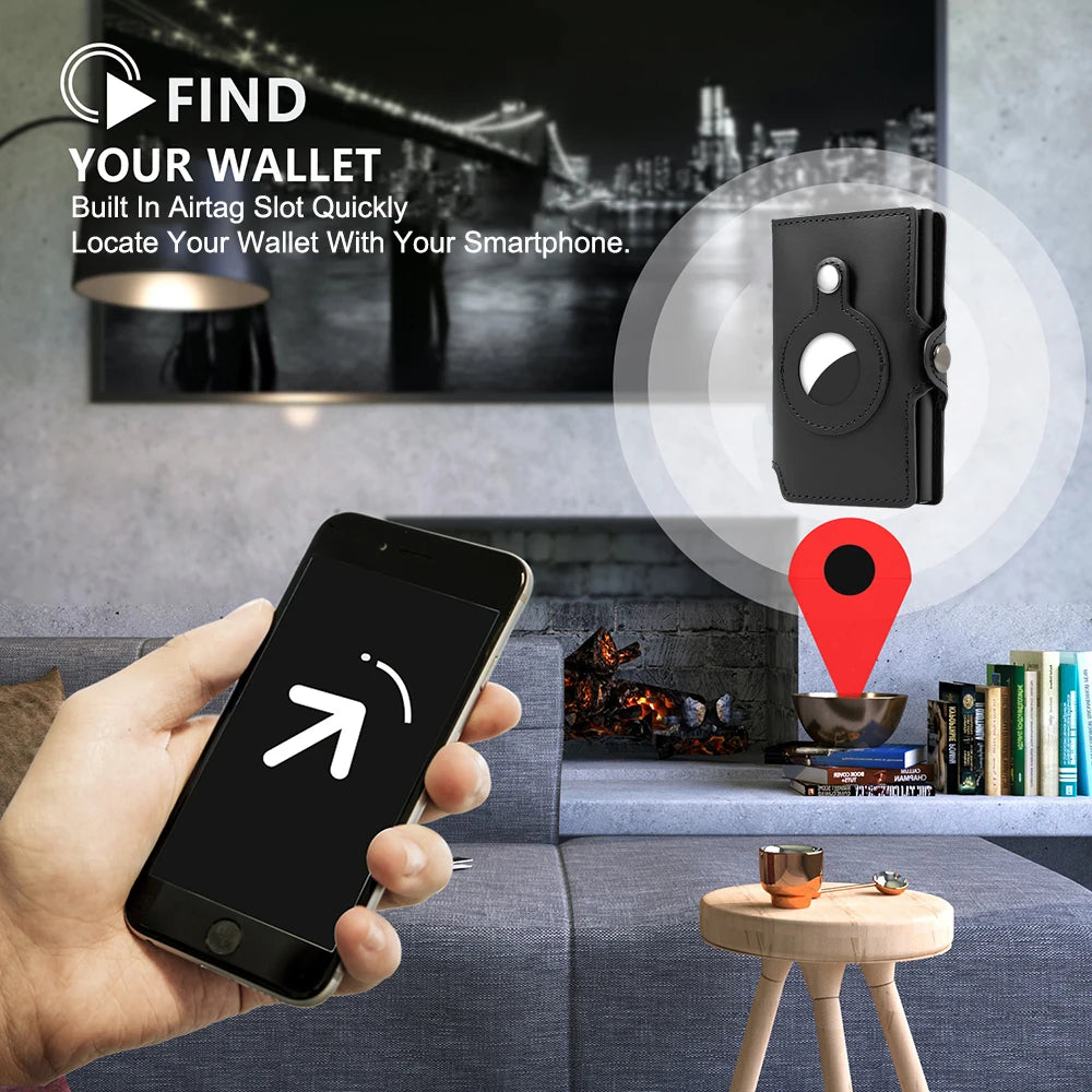 CASEKEY Airtag Smart Wallet Genuine Leather Pop Up Credit Card Holder Rfid Anti-theft Minimalist Men Wallet with Airtag Holder