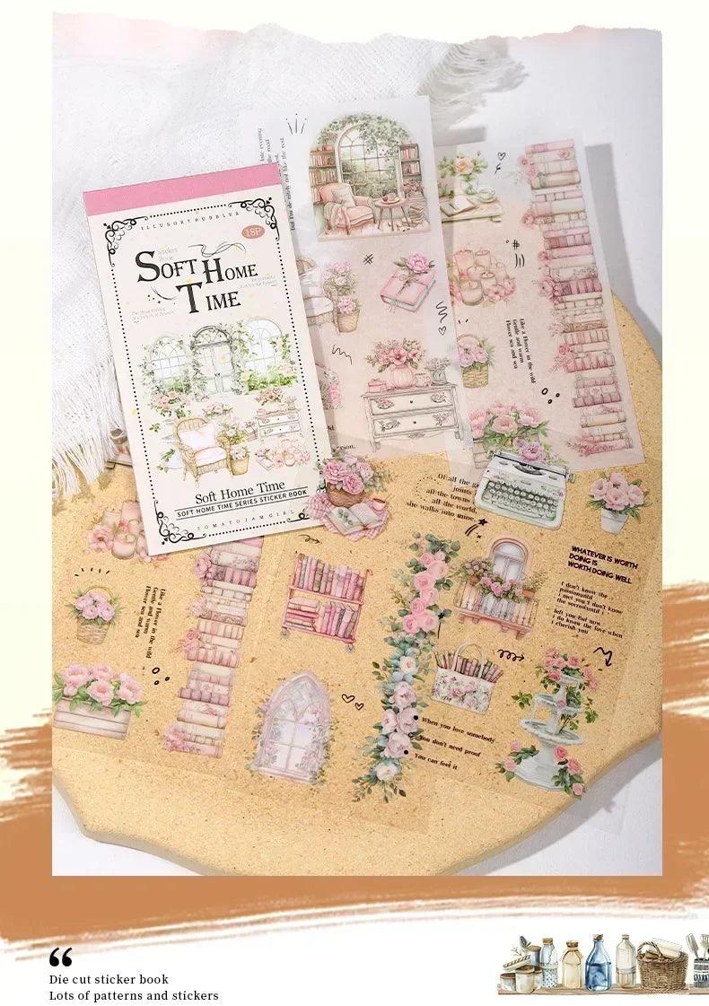 Homely aesthetics 18 exquisite dual material die-cut stickers in 6 home decor designs soft time series