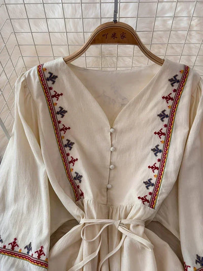 European American Style Women's New Cotton Linen 2024 Fashionable Lace Up Waist Slimming Patchwork Embroidered Short Dress A132