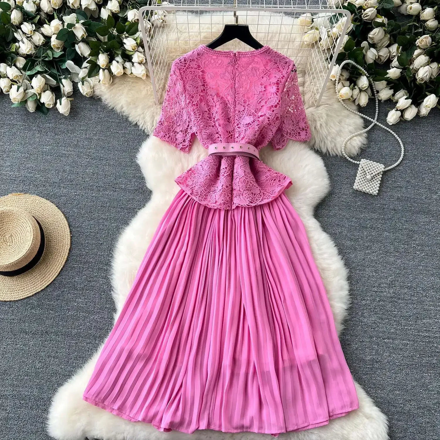 Designer 2025 Summer Pleated Chiffon Lace Long Dress Women Flower Embroidery Gold Button Belt Evening Party Dresses Wedding Robe
