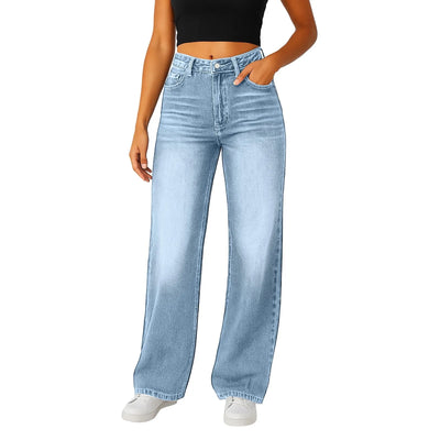 Wide-Leg Jeans Women Light Blue High-Waisted Simple Design Fashionable Trousers Loose-Fitting High-Height Pants Suitable Daily